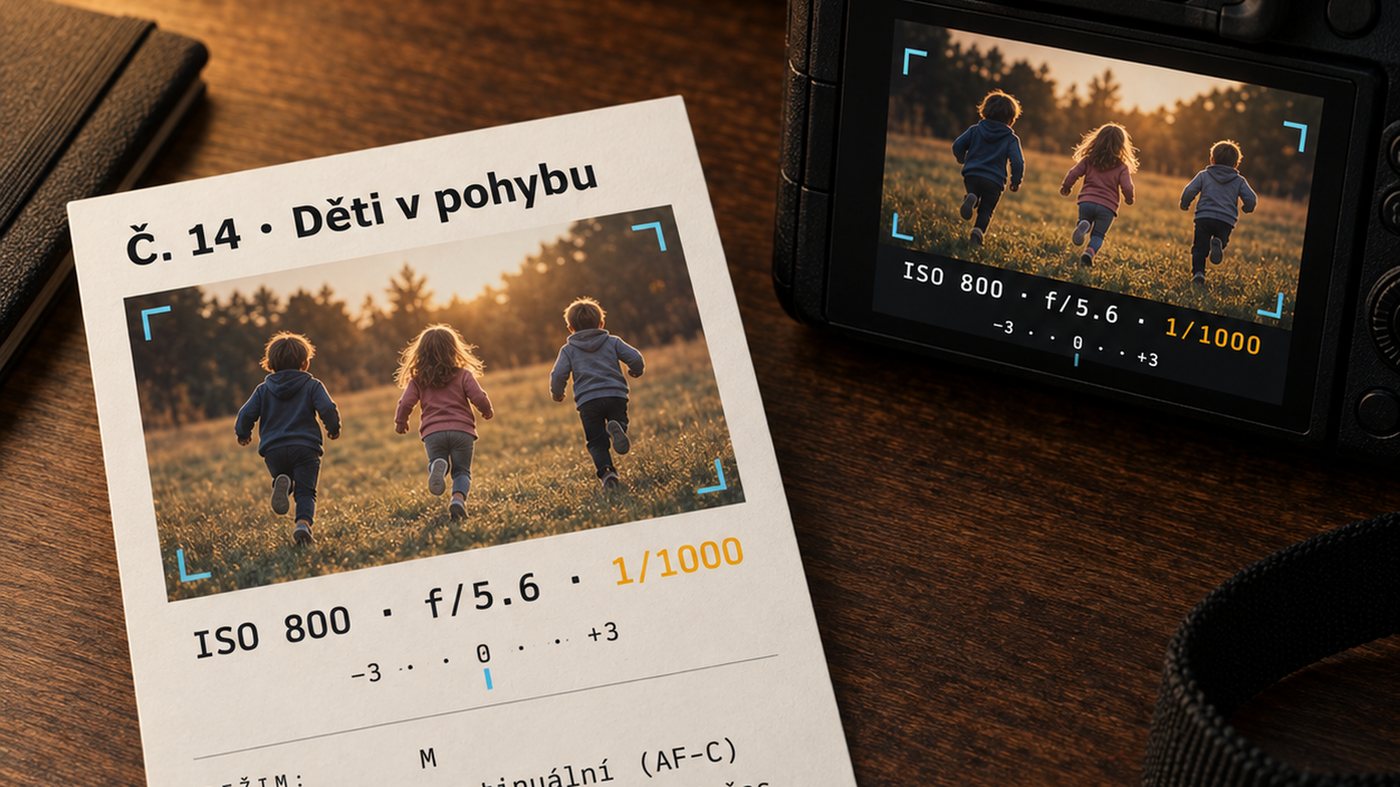 Karta Konec automatu se třemi čísly ISO, clona a čas pro scénu Děti v pohybu